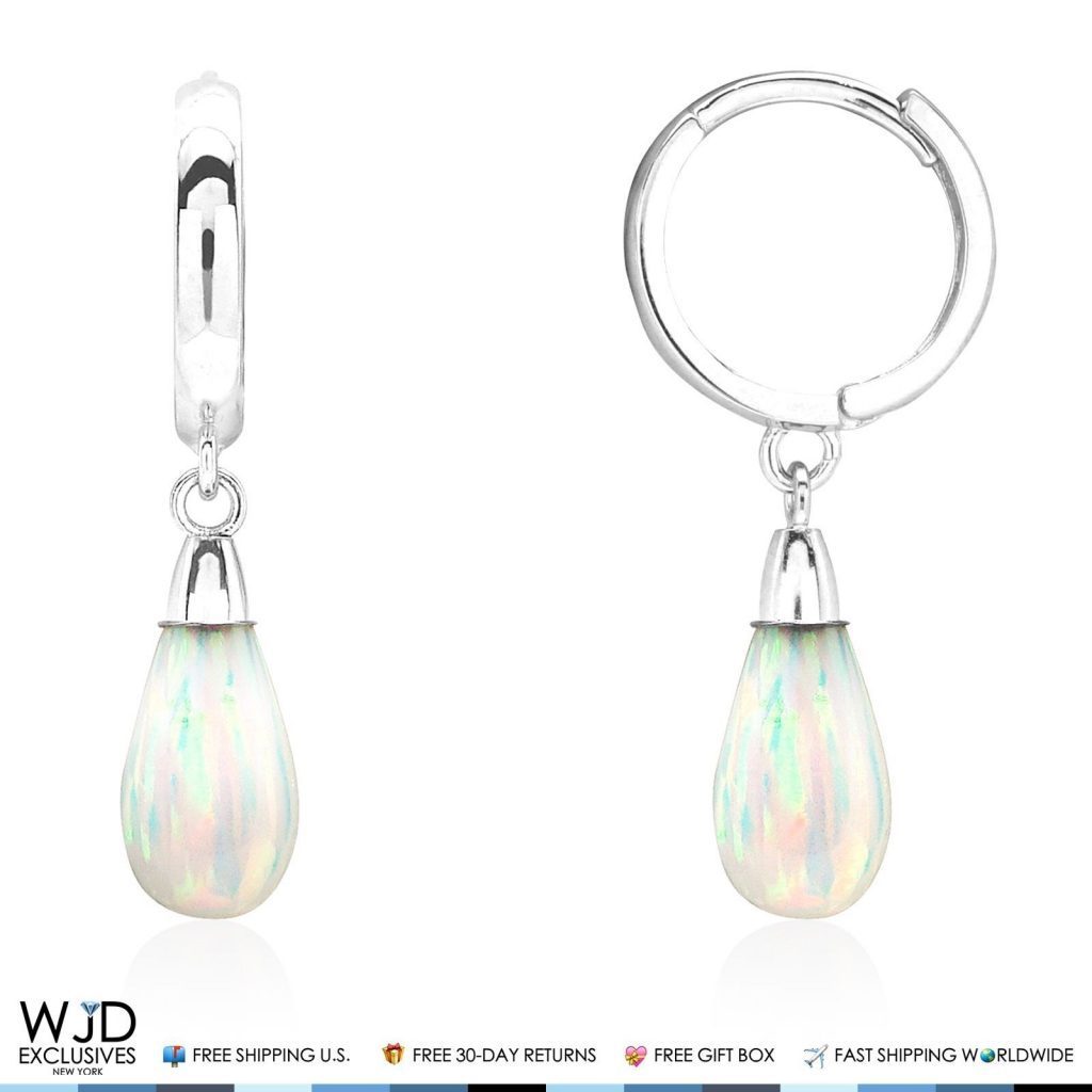 14K Solid White Gold Pear Shaped White Fire Opal Huggie Hoop Dangle Earrings 1"