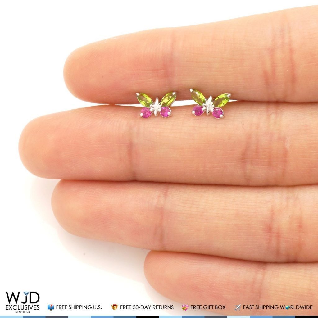 14K Solid White Gold Peridot & Ruby Butterfly Baby Screwback Stud Kid Earrings