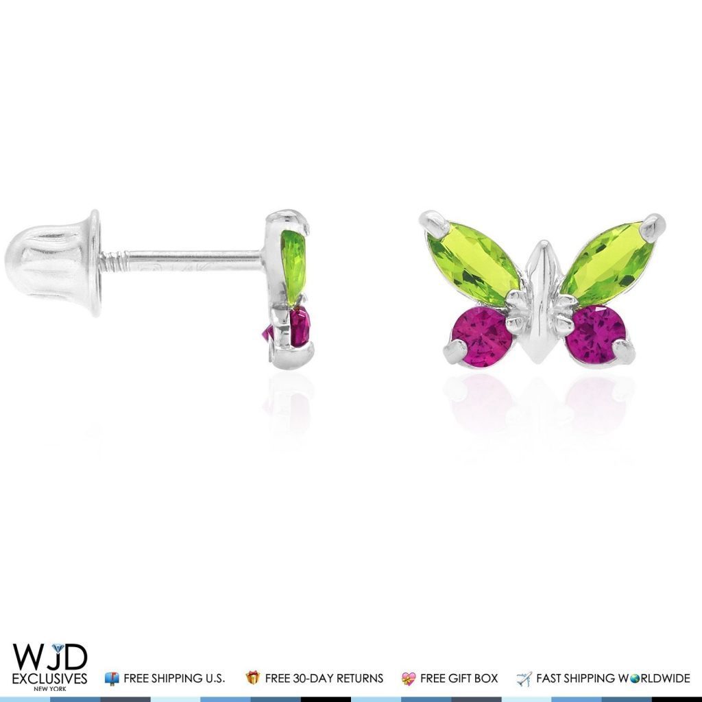 14K Solid White Gold Peridot & Ruby Butterfly Baby Screwback Stud Kid Earrings