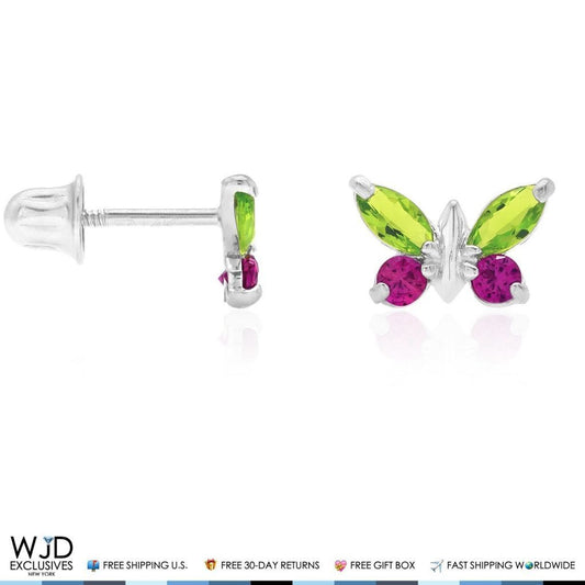 14K White Gold Peridot & Ruby Butterfly Baby Screwback Stud Kid Earrings