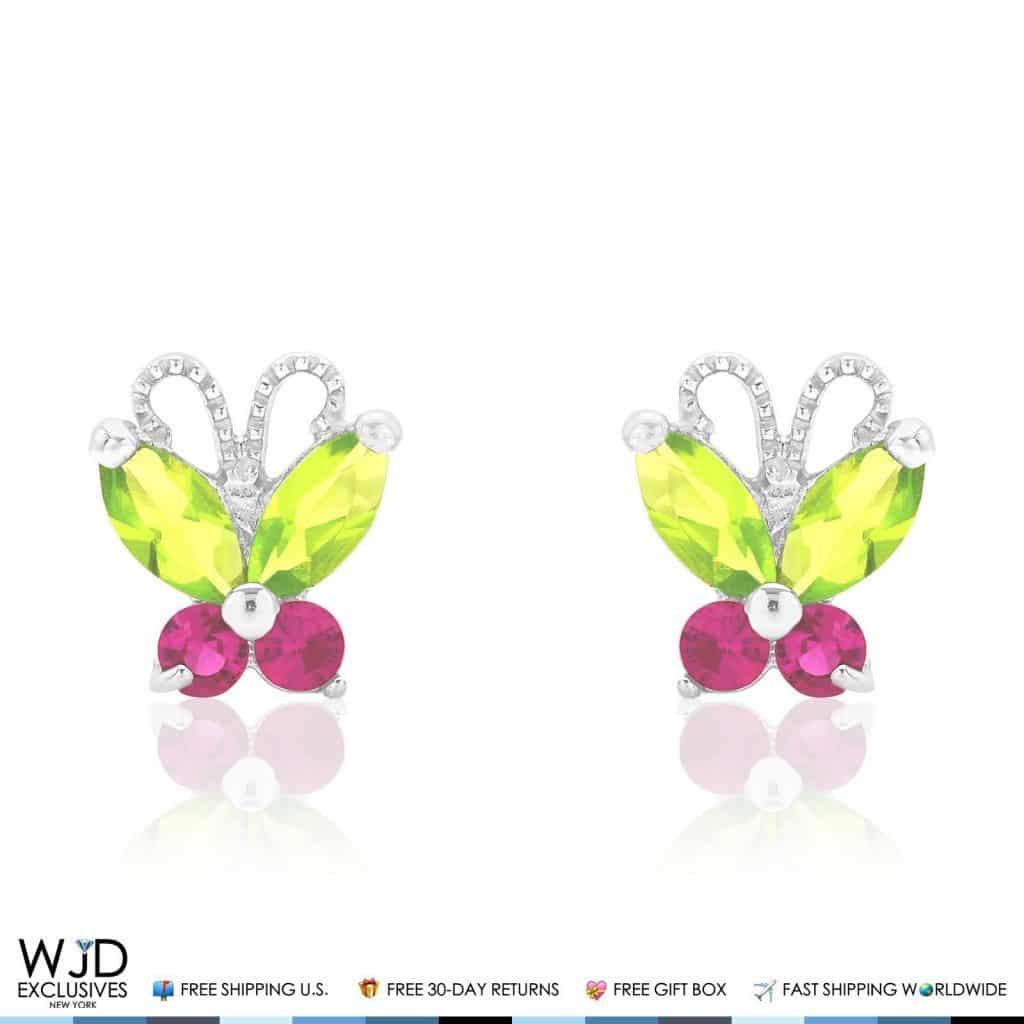 14K Solid White Gold Peridot & Ruby Butterfly Baby Screwback Stud Kids Earrings