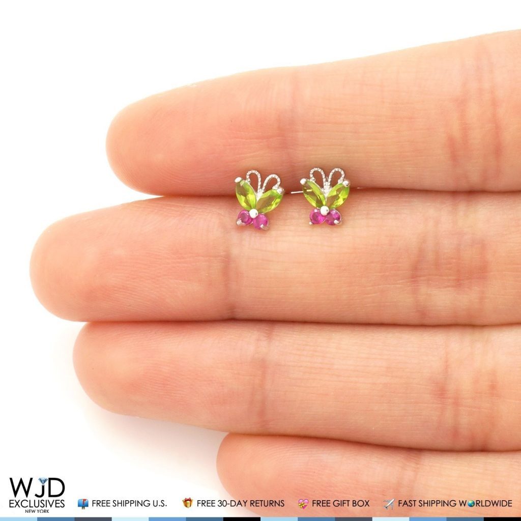 14K Solid White Gold Peridot & Ruby Butterfly Baby Screwback Stud Kids Earrings