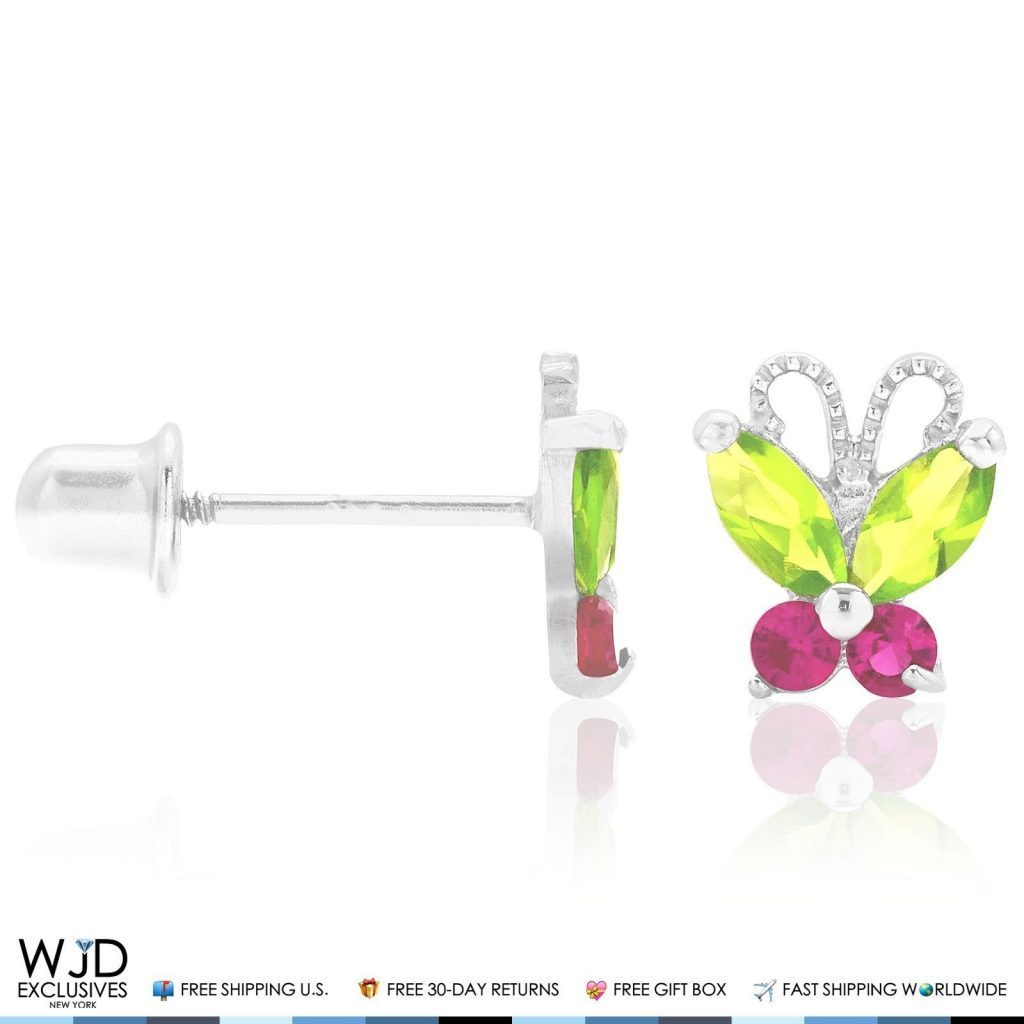 14K Solid White Gold Peridot & Ruby Butterfly Baby Screwback Stud Kids Earrings