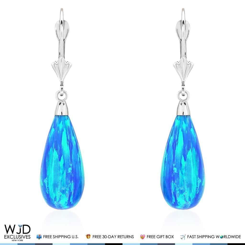 14K Solid White Gold Tear Drop Shaped Blue Opal Leverback Dangle Earrings 1.5"