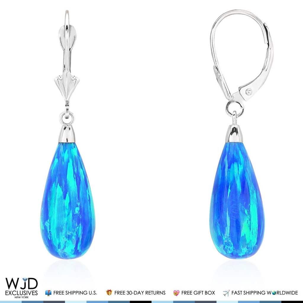 14K Solid White Gold Tear Drop Shaped Blue Opal Leverback Dangle Earrings 1.5"