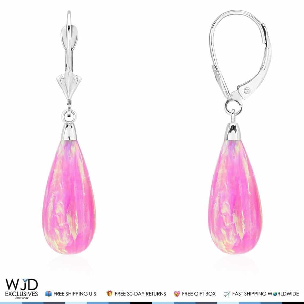 14k White Gold Fire Opal Teardrop Leverback Earrings 1.5"