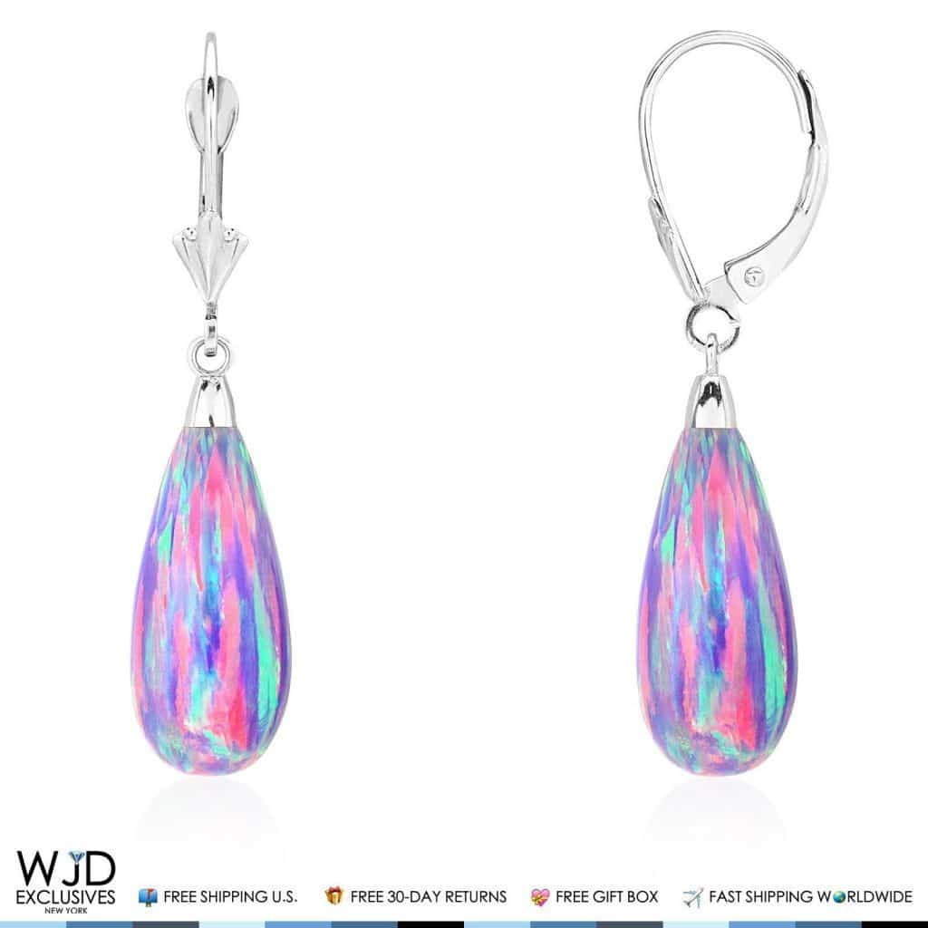 14k White Gold Fire Opal Teardrop Leverback Earrings 1.5"