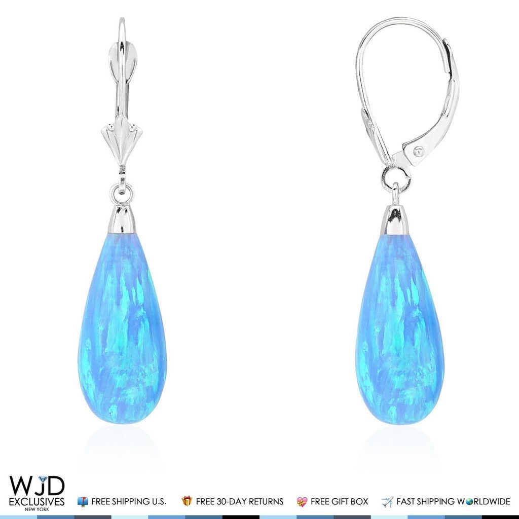 14K White Gold Tear Drop Sky Blue Opal Leverback Dangle Earrings 37mm