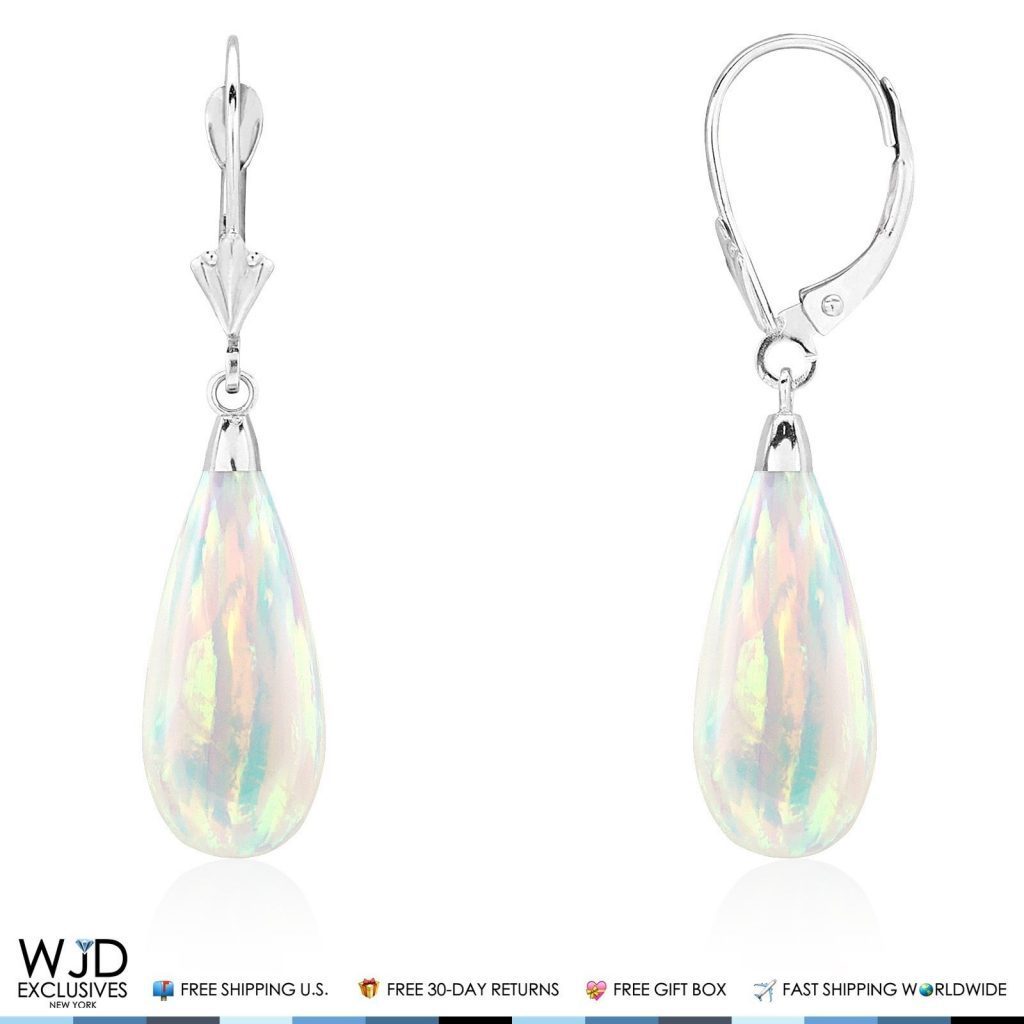 14k White Gold Fire Opal Teardrop Leverback Earrings 1.5"