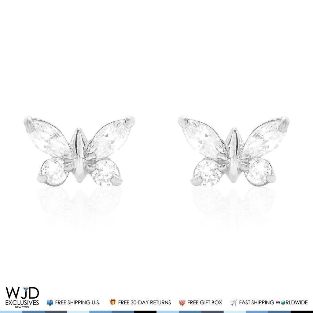 14K Solid White Gold White Zircon Butterfly Baby Screw Back Stud Kid Earrings