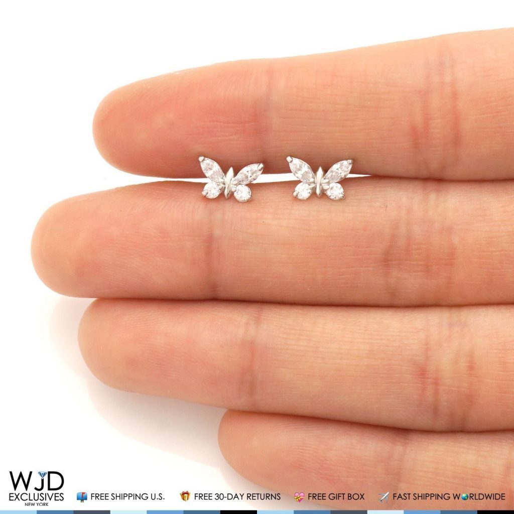 14K Solid White Gold White Zircon Butterfly Baby Screw Back Stud Kid Earrings