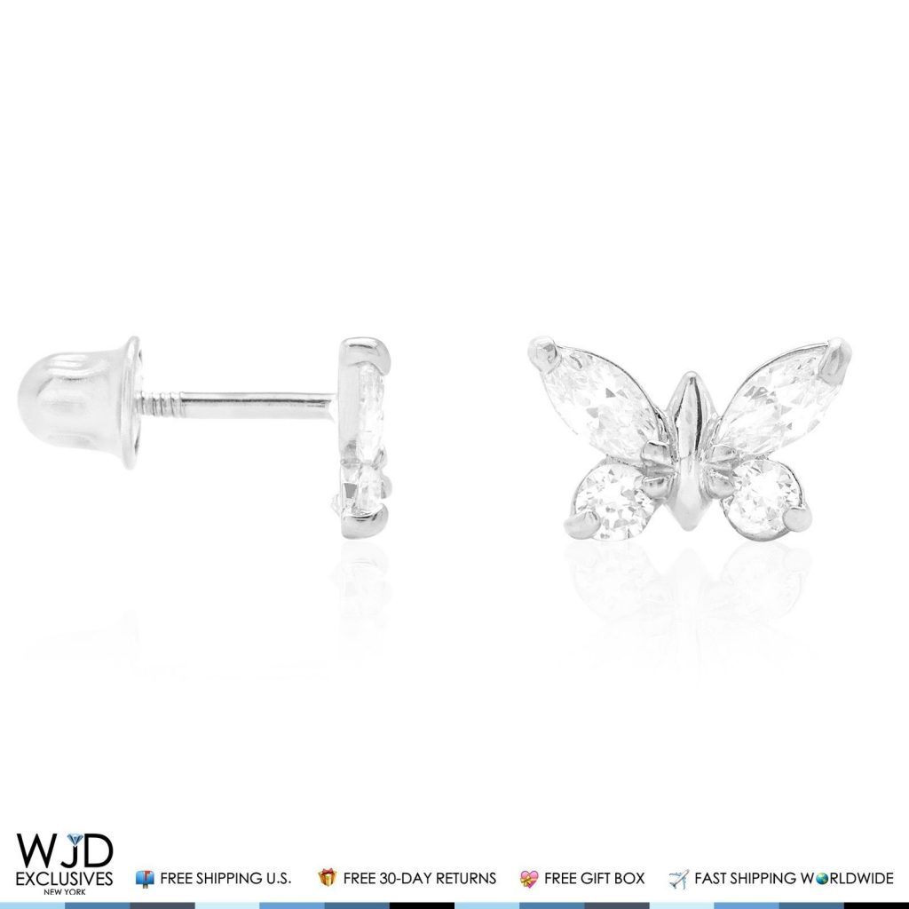 14K Solid White Gold White Zircon Butterfly Baby Screw Back Stud Kid Earrings