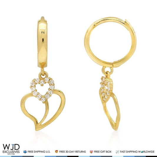 14K Yellow Gold 0.30Ct CZ Heart Huggie Hoop Dangle Earrings