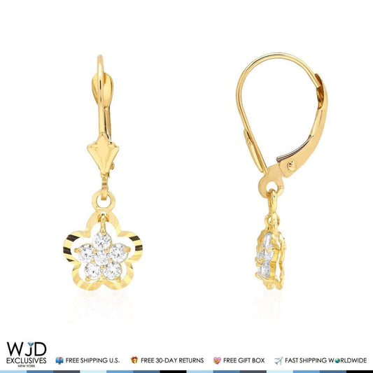 14K Yellow Gold 0.40Ct CZ Dangle Drop Leverback Earrings 1"