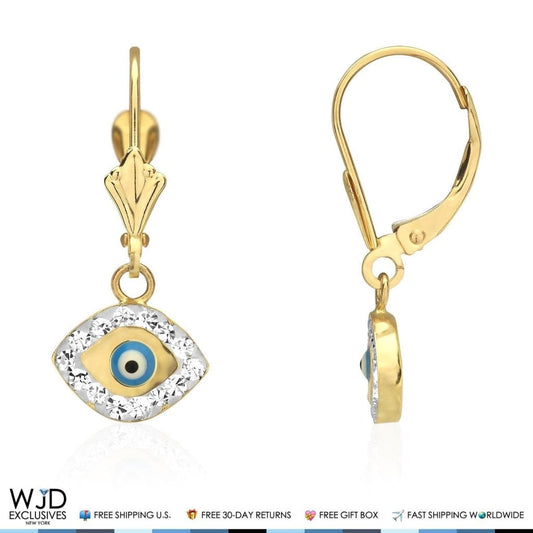 0.50Ct CZ 14K Yellow Gold Sky Blue Evil Eye Dangle Earrings