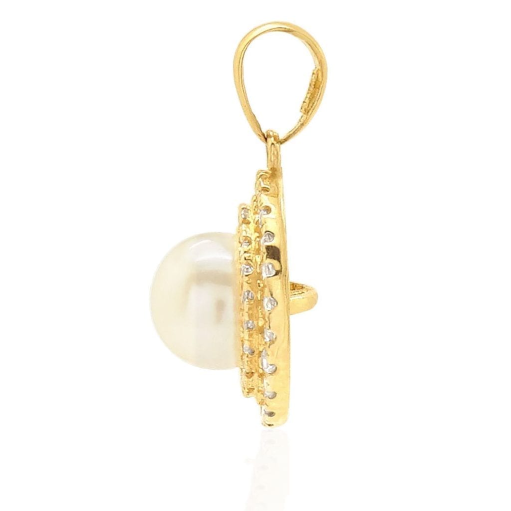 14K Gold 0.60Ct CZ Cultured Pearl Halo Pendant 0.71"