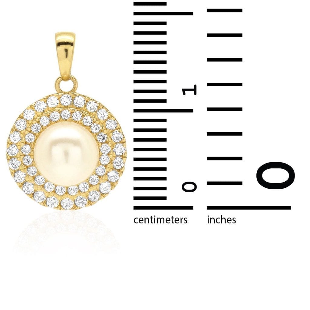 14K Gold 0.60Ct CZ Cultured Pearl Halo Pendant 0.71"