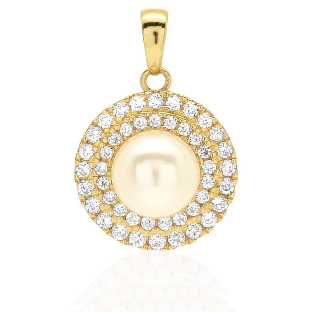 14K Gold 0.60Ct CZ Cultured Pearl Halo Pendant 0.71"
