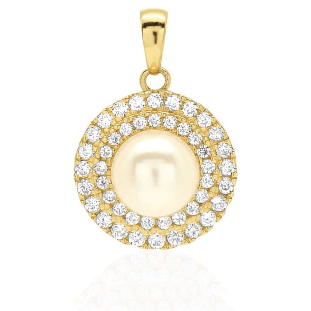 14K Gold 0.60Ct CZ Cultured Pearl Halo Pendant 0.71"