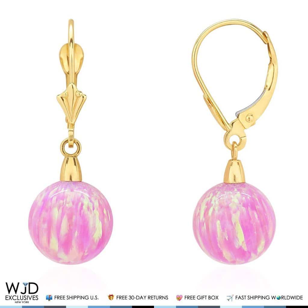 6mm-10mm Ball Shaped Pink Fire Opal Leverback Dangle Earrings 14K Yellow Gold