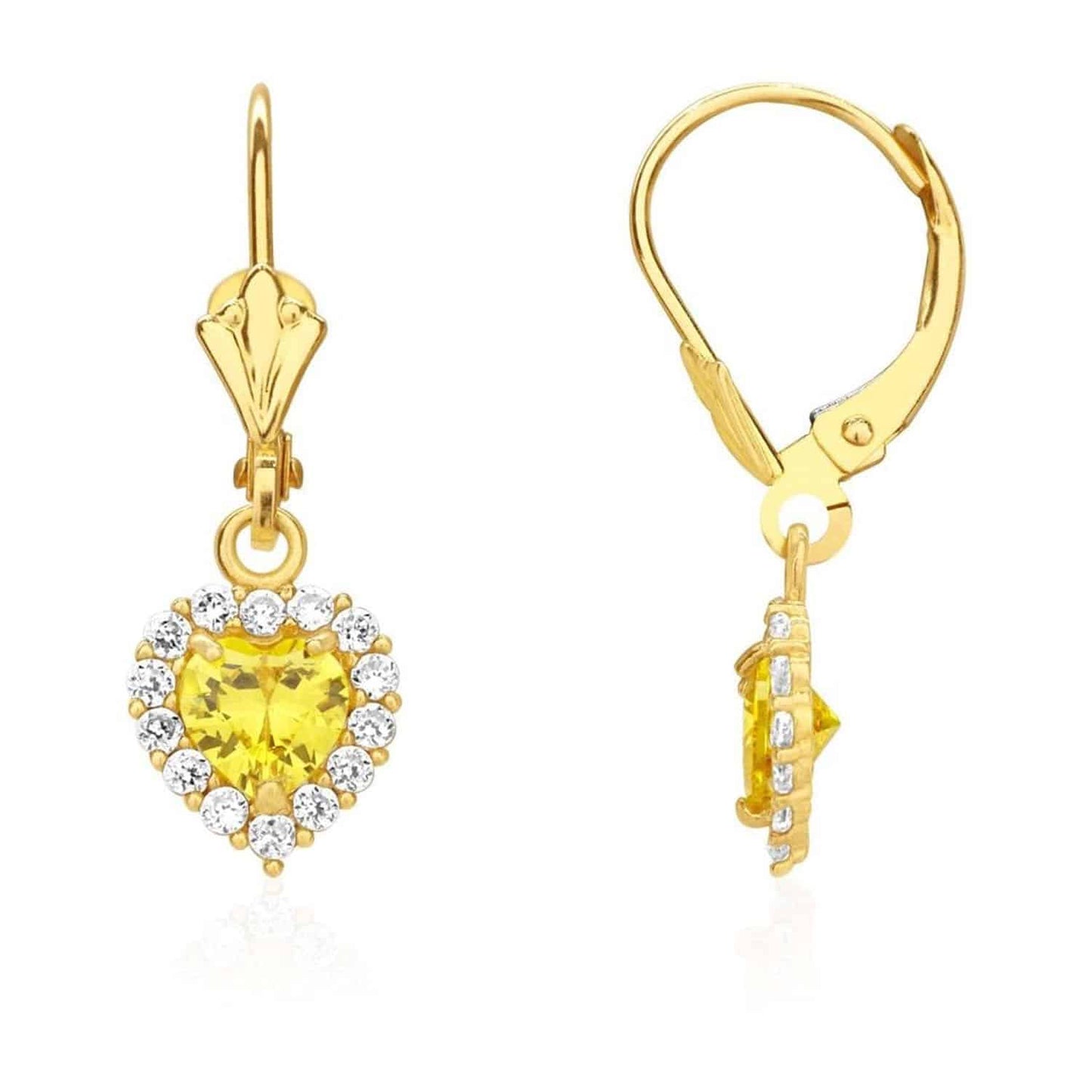 14K Yellow Gold 1Ct CZ Birthstone Heart Dangle Leverback Earrings
