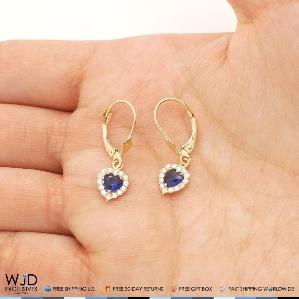 14k Yellow Gold CZ Sapphire Heart Dangle Leverback Earrings 1"