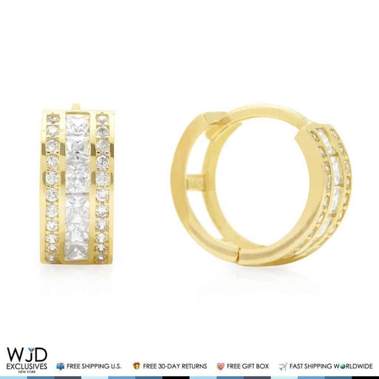 14K Yellow Gold 1Ct Triple-Row CZ Huggie Hoop Earrings 12mm
