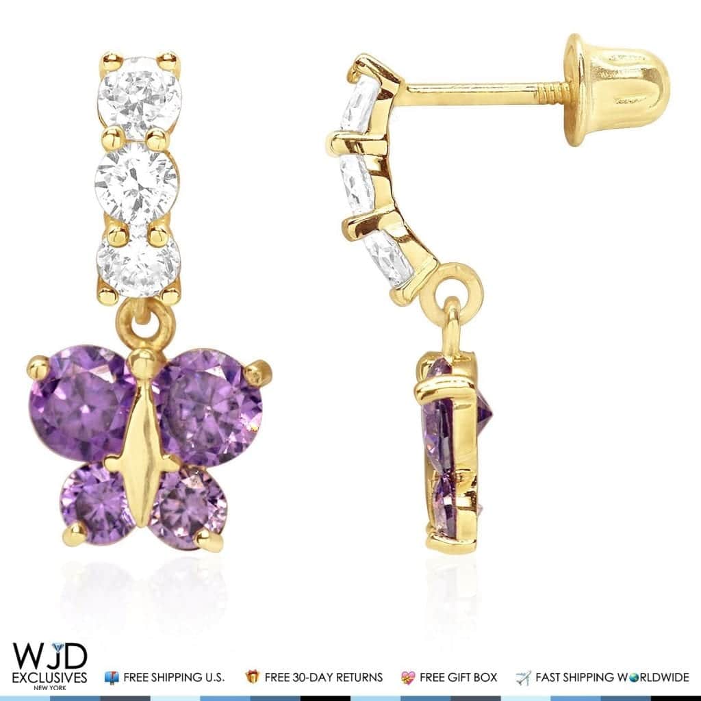 14K Yellow Gold CZ Birthstone Butterfly Earrings 15mm