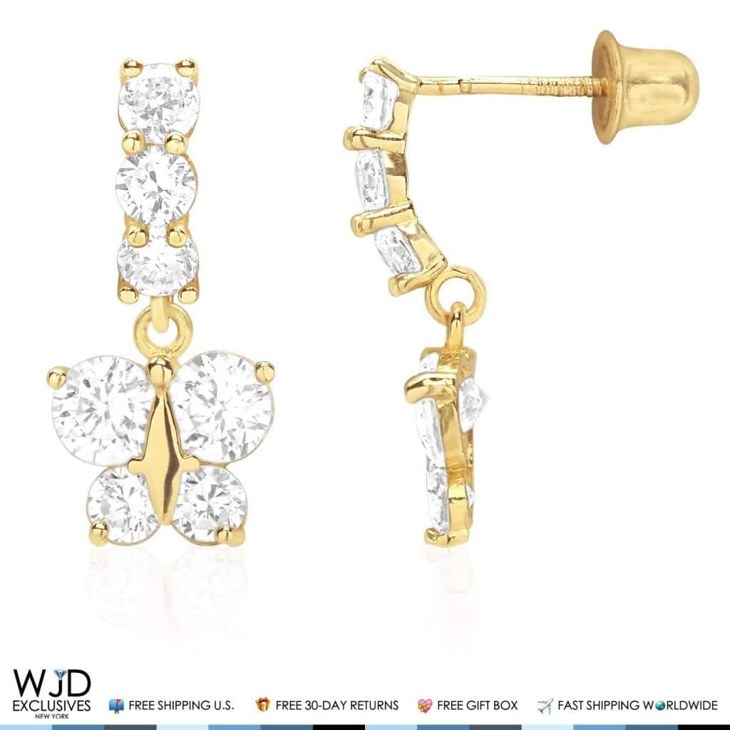 14K Yellow Gold CZ Birthstone Butterfly Earrings 15mm