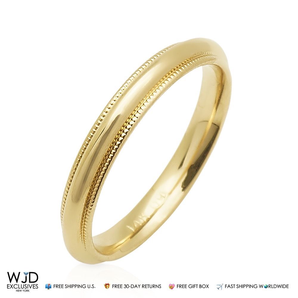Solid 14K Gold Yellow 3mm Milgrain Wedding Band Ring