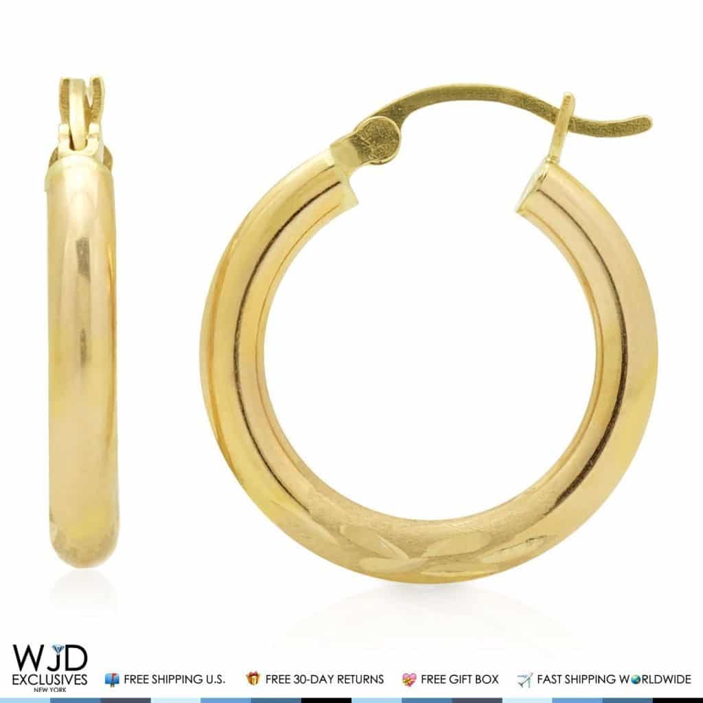 14K Solid Yellow Gold 3mm Thick Diamond Cut Hoop Earrings 0.8"