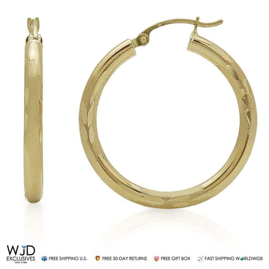 14K Solid Yellow Gold 3mm Wide Diamond Cut Hoop Earrings 1.2"