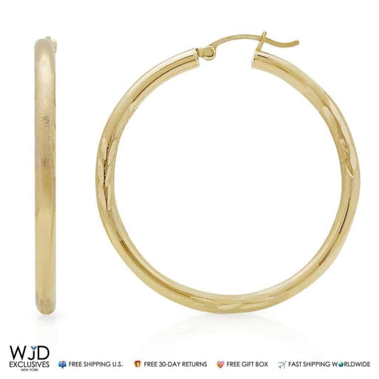 14K Real Yellow Gold 3mm Diamond-Cut Hoop Earrings 1.6"