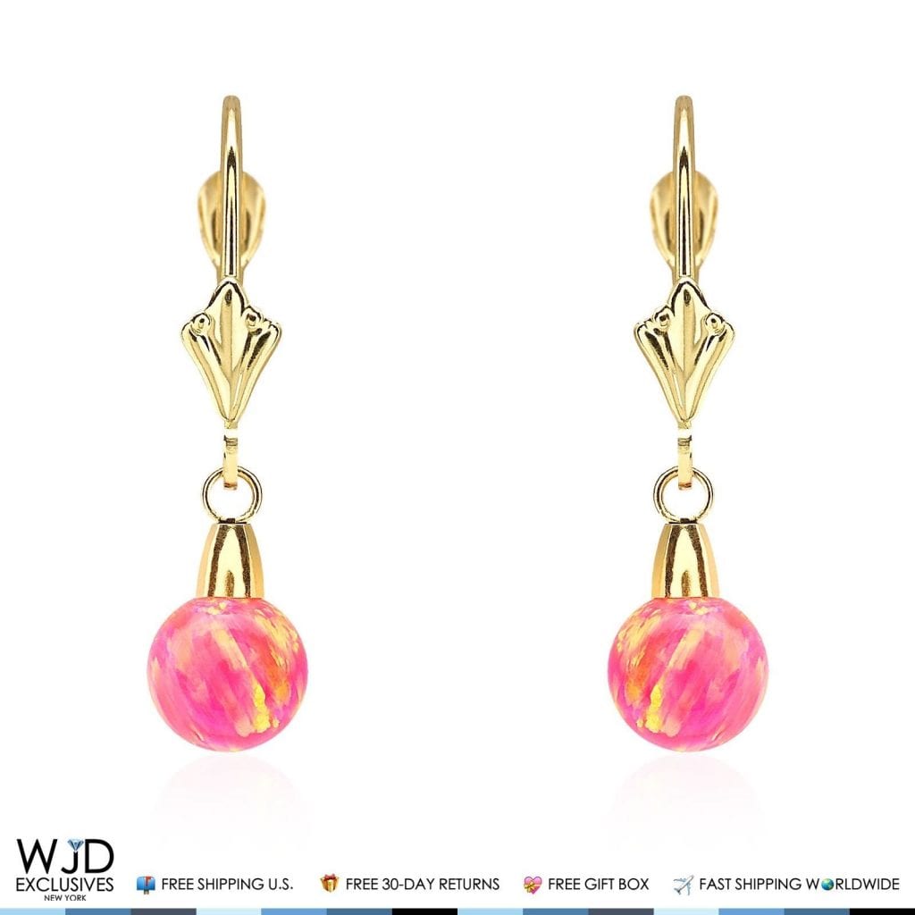 14K Yellow Gold 6mm-10mm Ball Peach Pink Fire Opal Leverback Dangle Earrings