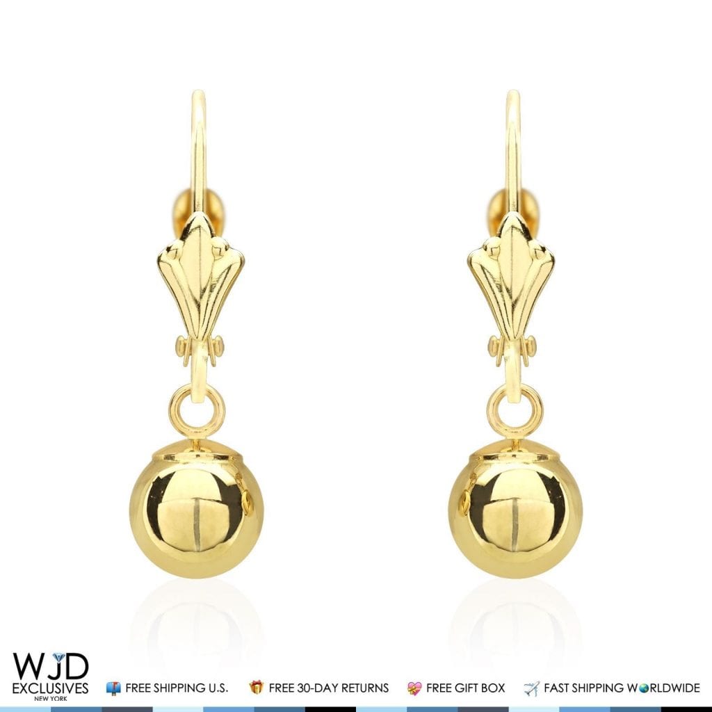 14K Solid Yellow Gold 6mm Ball Lever Back Dangle Drop Earrings