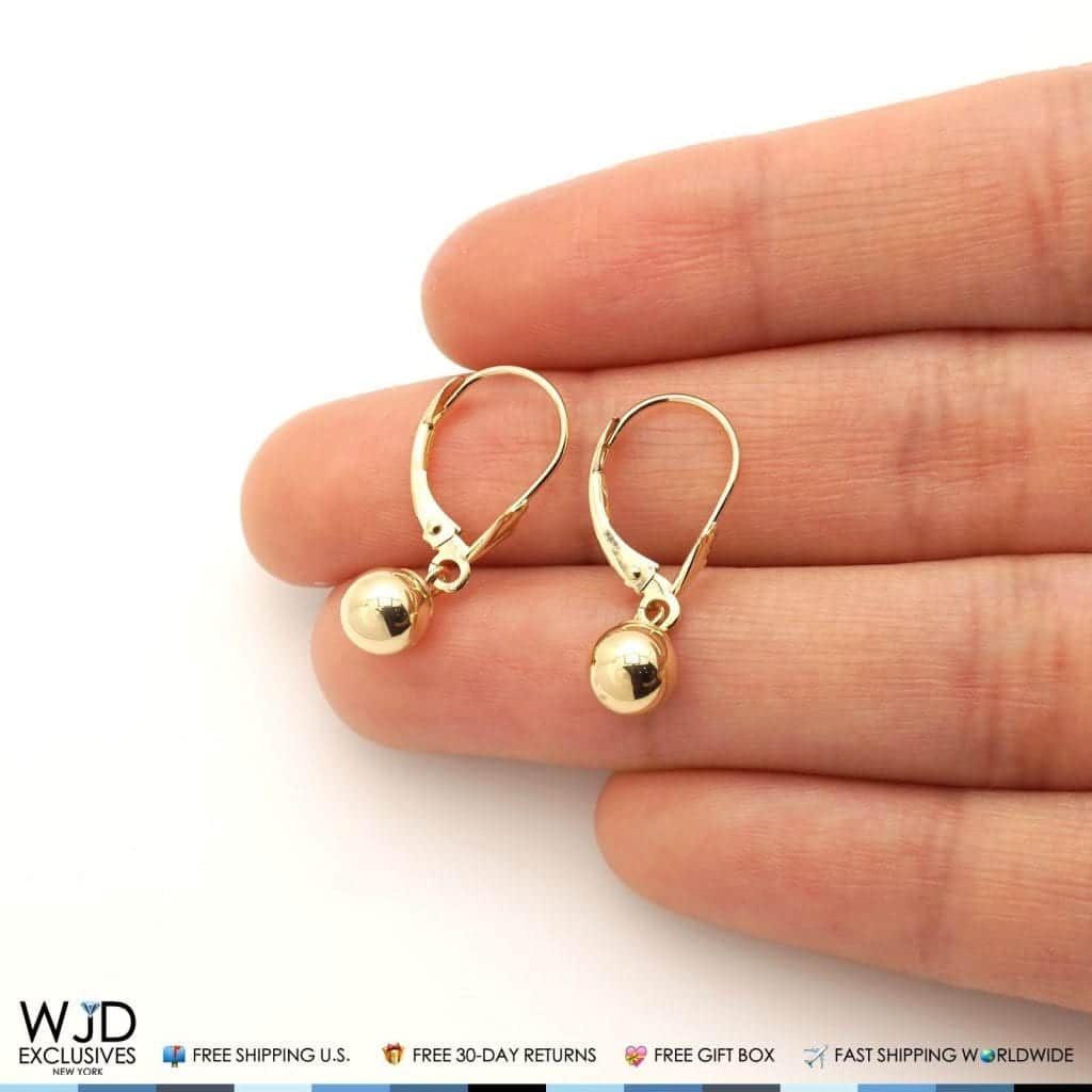14K Solid Yellow Gold 6mm Ball Lever Back Dangle Drop Earrings