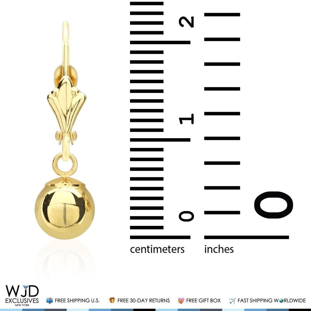 14K Solid Yellow Gold 6mm Ball Lever Back Dangle Drop Earrings