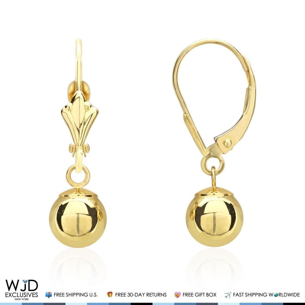14K Solid Yellow Gold 6mm Ball Lever Back Dangle Drop Earrings
