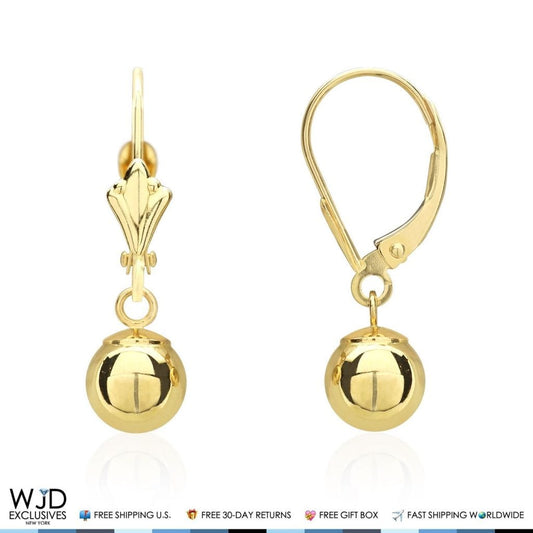 14K Yellow Gold 6mm Ball Lever Back Dangle Drop Earrings