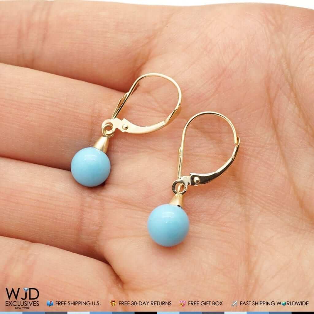 14k Yellow Gold Sky Blue Turquoise Ball Drop Leverback Earrings 6mm-10mm