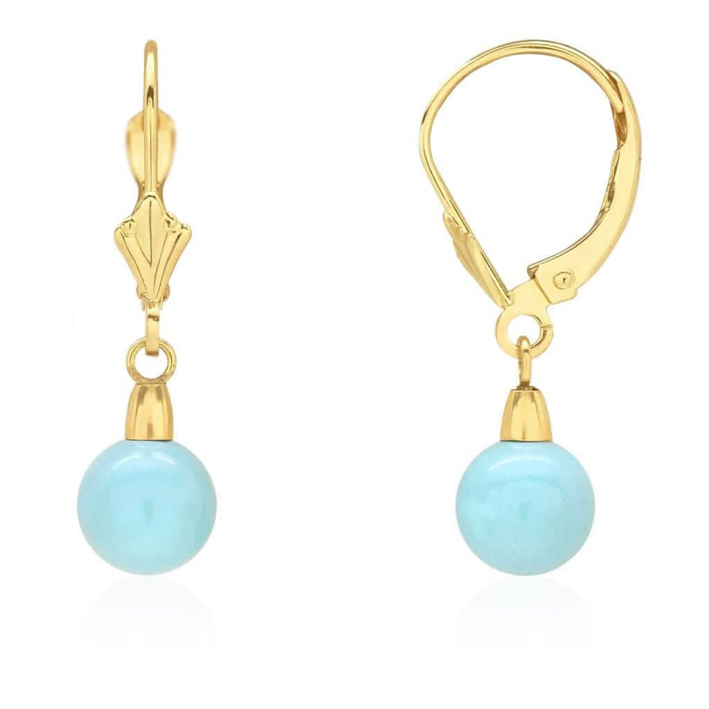 14k Yellow Gold Sky Blue Turquoise Ball Drop Leverback Earrings 6mm-10mm
