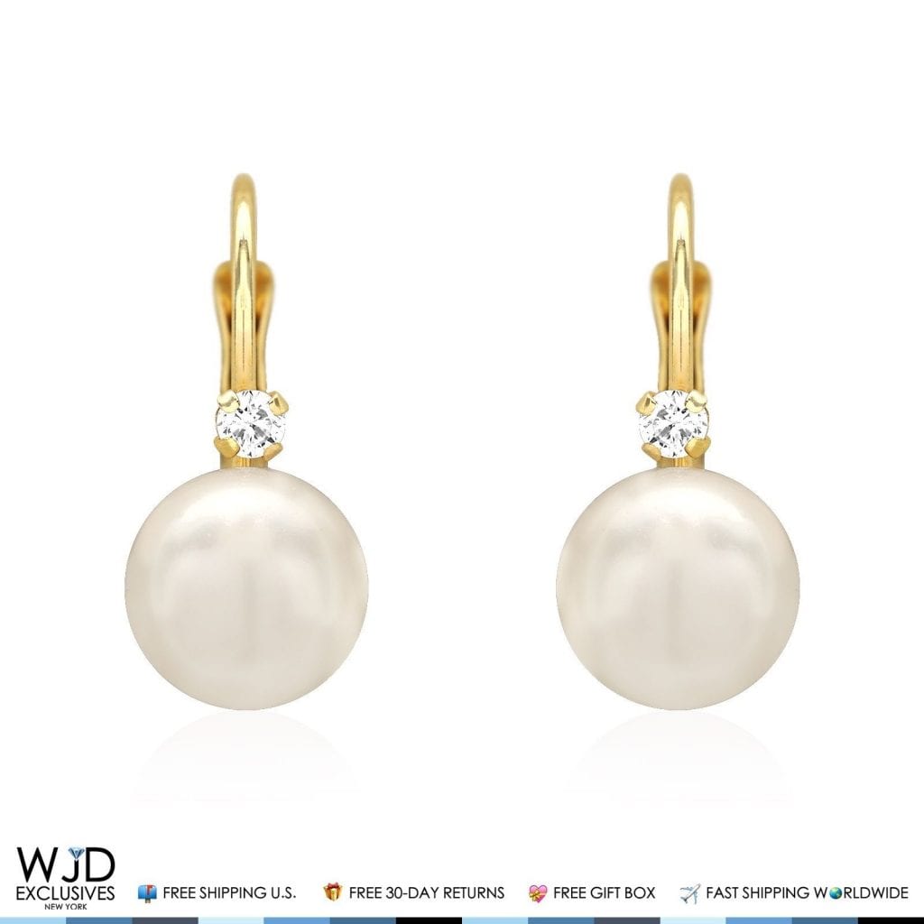 14K Solid Yellow Gold 7mm Diameter Ball Pearl And Zircon Leveback Earrings