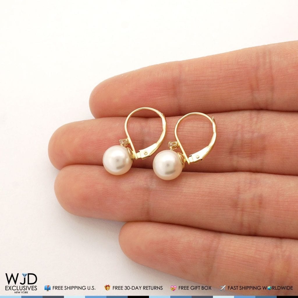 14K Solid Yellow Gold 7mm Diameter Ball Pearl And Zircon Leveback Earrings