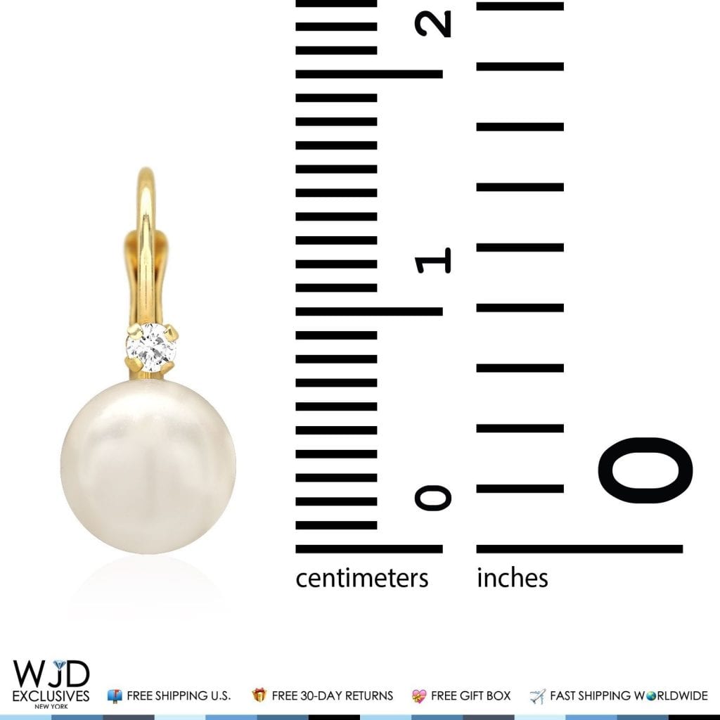14K Solid Yellow Gold 7mm Diameter Ball Pearl And Zircon Leveback Earrings
