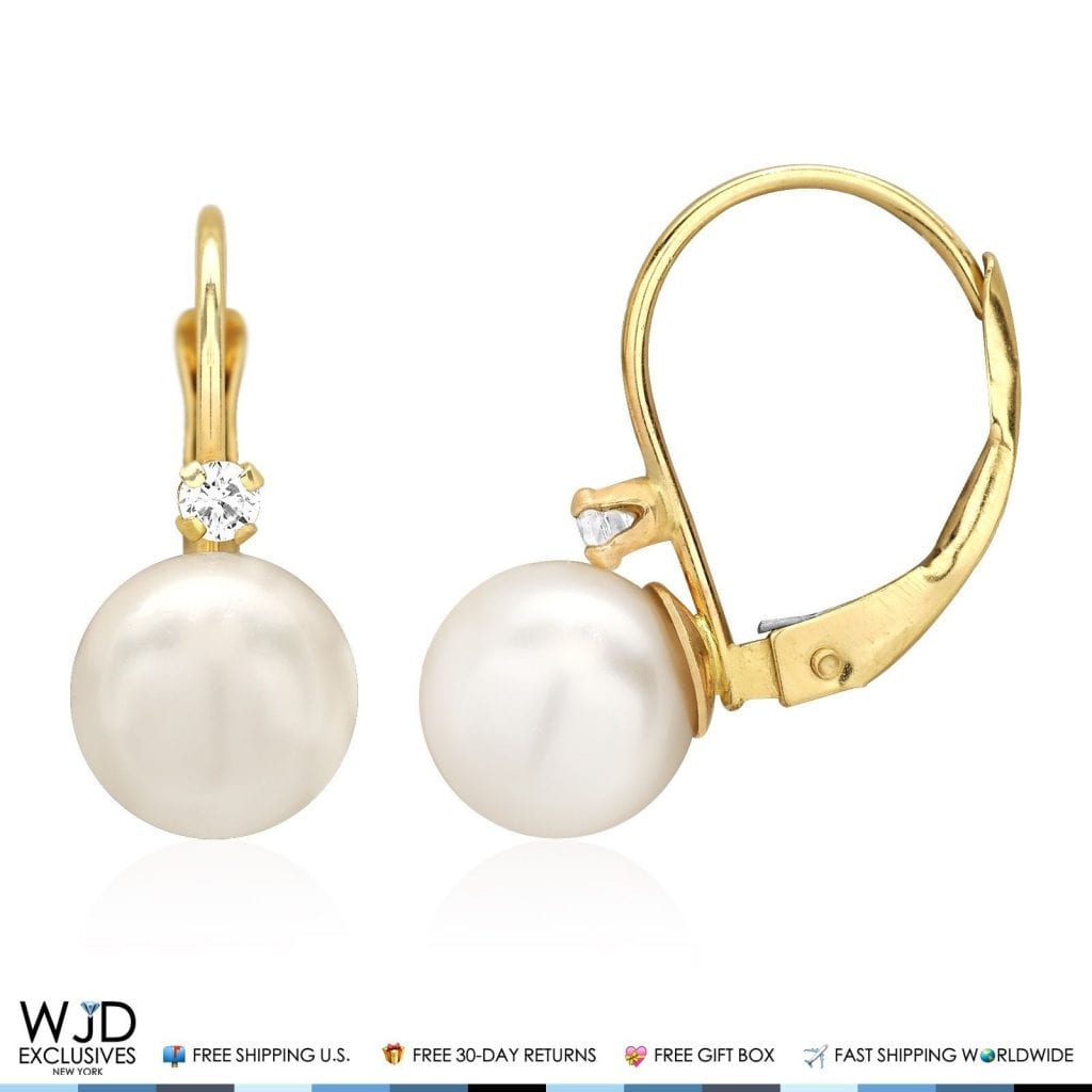 14K Solid Yellow Gold 7mm Diameter Ball Pearl And Zircon Leveback Earrings