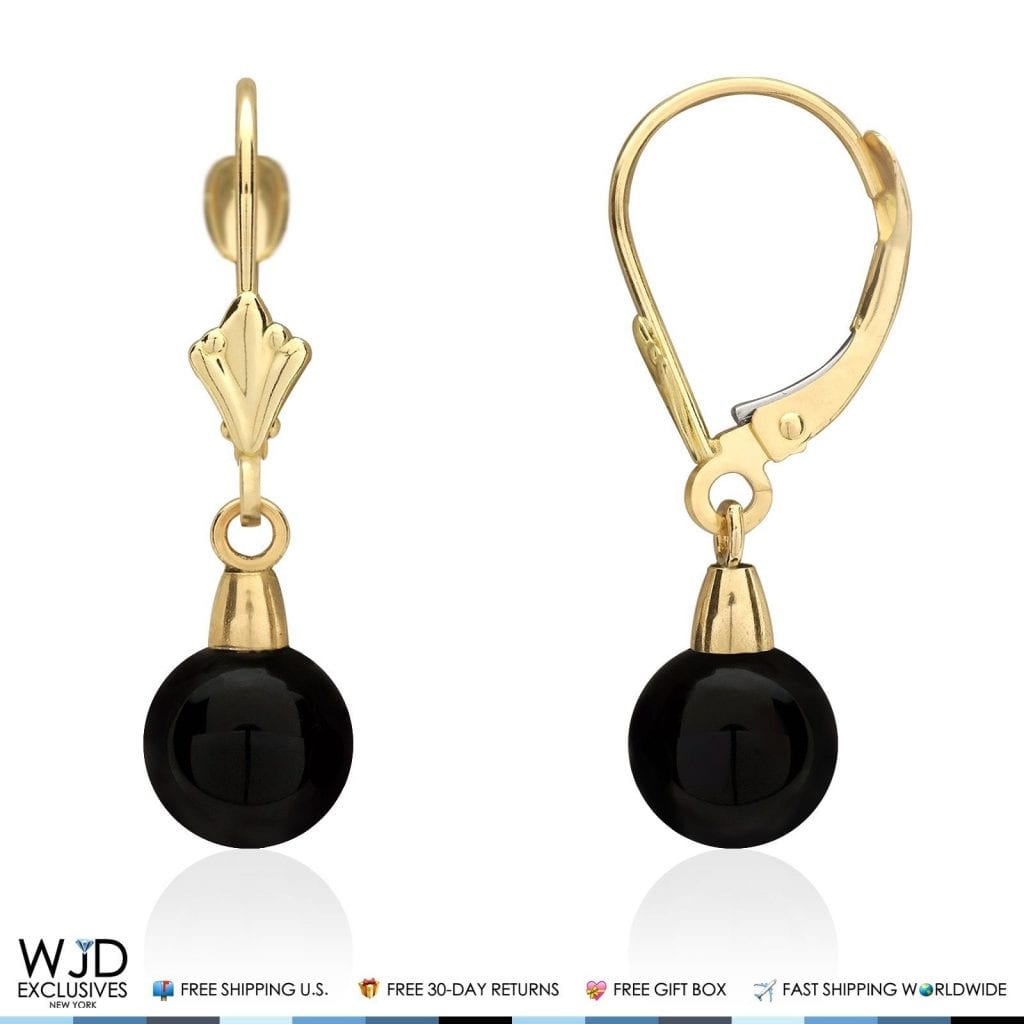 6mm-10mm Diameter Ball Shaped Onyx Dangle Leverback Earrings 14K Yellow Gold