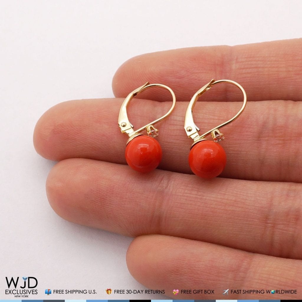 14K Solid Yellow Gold 7mm Diameter Red Coral Ball And Zircon Leveback Earrings
