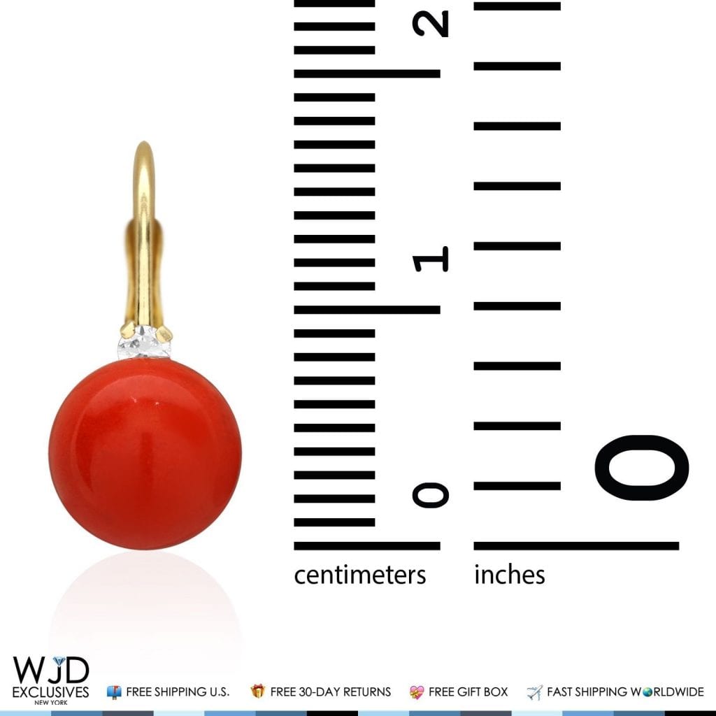 14K Solid Yellow Gold 7mm Diameter Red Coral Ball And Zircon Leveback Earrings