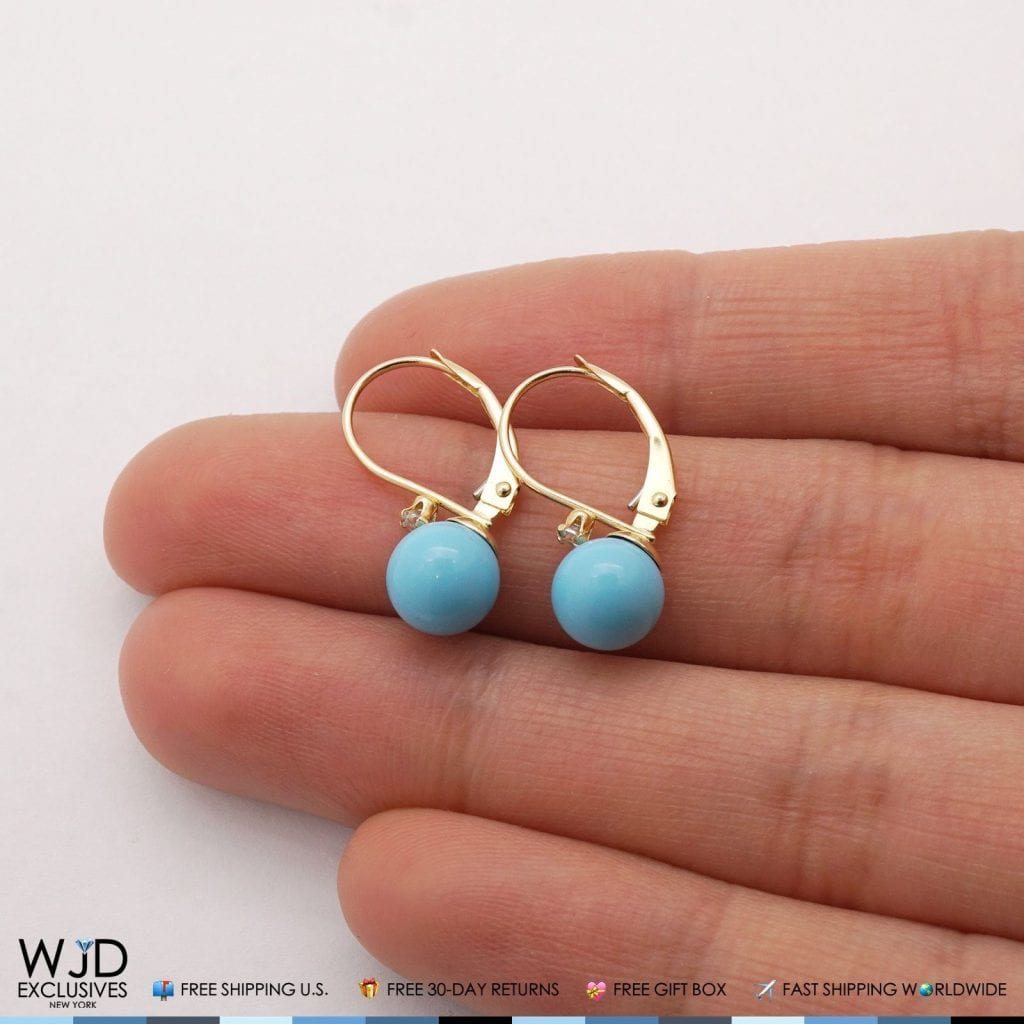 14K Solid Yellow Gold 7mm Diameter Turquoise Ball And Zircon Leveback Earrings
