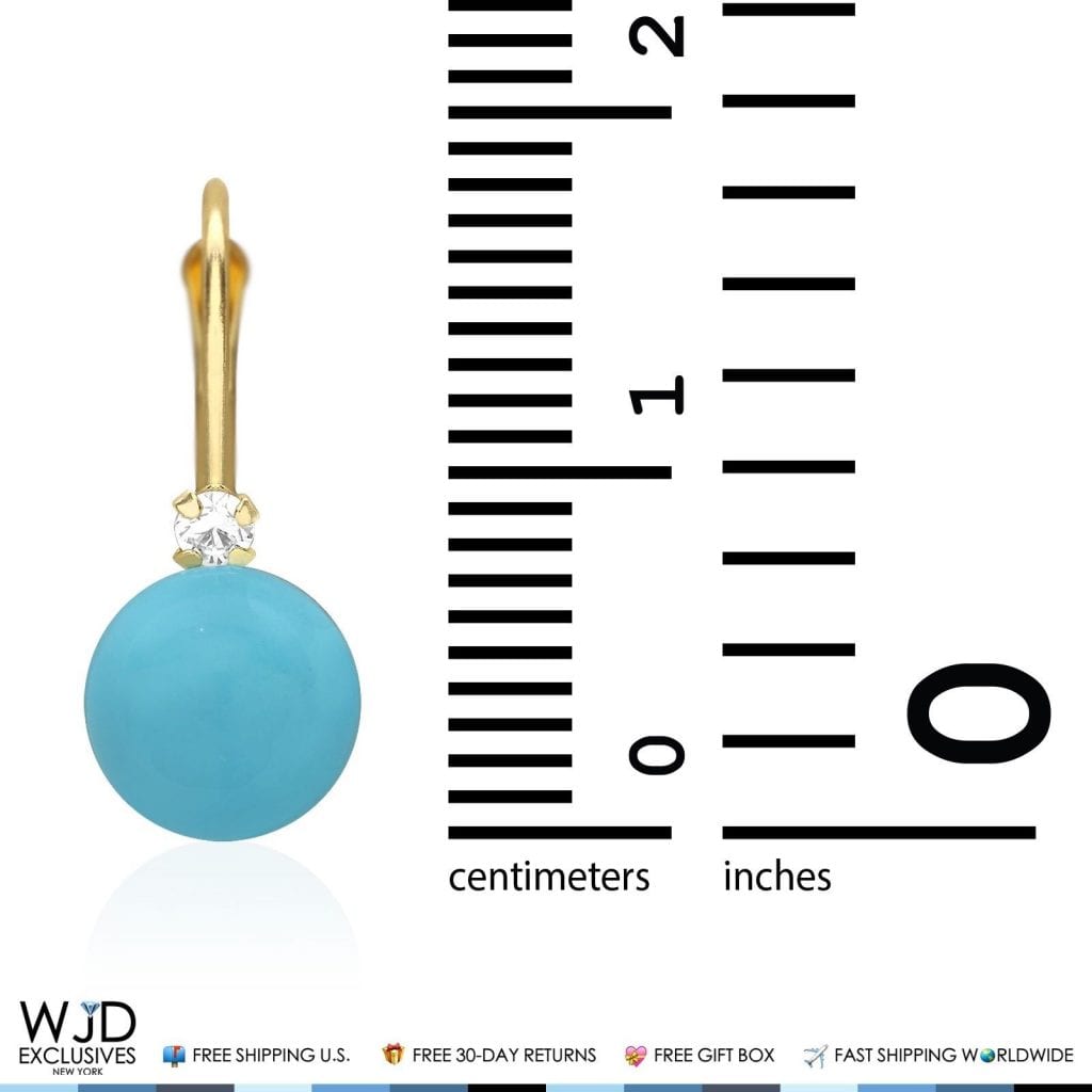 14K Solid Yellow Gold 7mm Diameter Turquoise Ball And Zircon Leveback Earrings